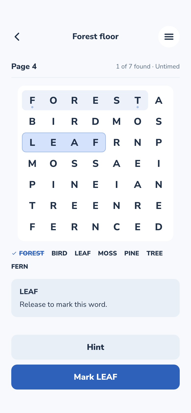 Word Search game screen