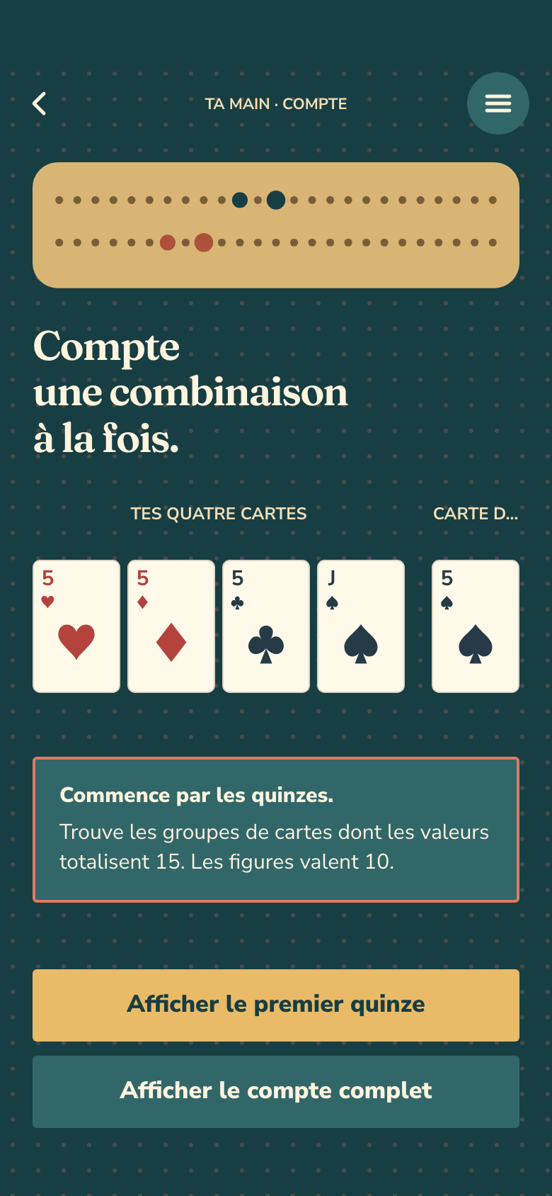 Écran du jeu Pocket Cribbage
