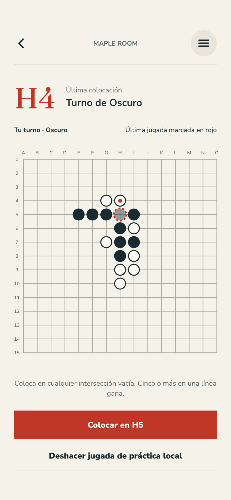 Pantalla del juego Gomoku
