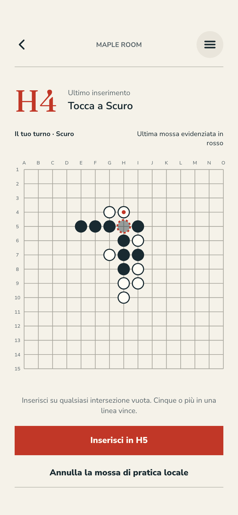 Schermata di gioco Gomoku