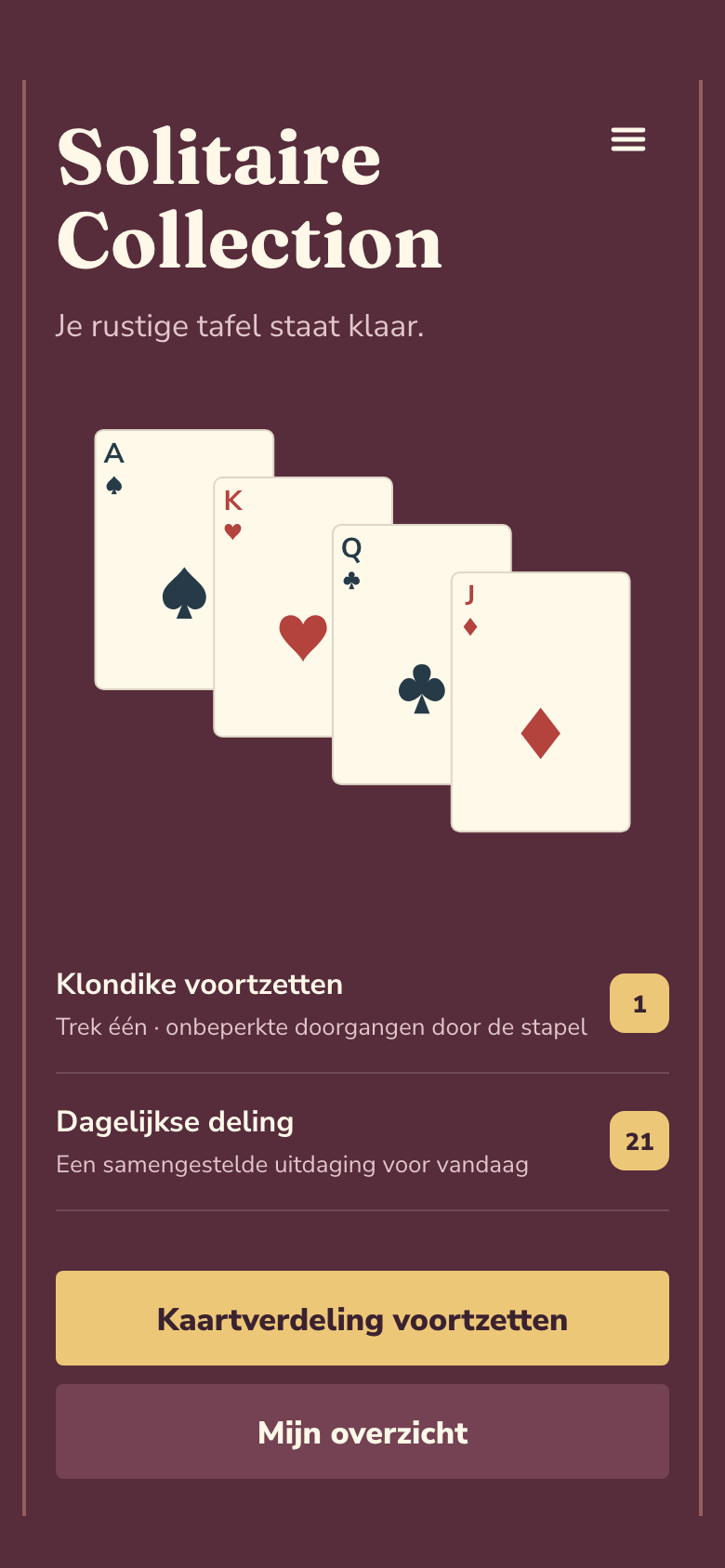 Solitaire Collection beginscherm