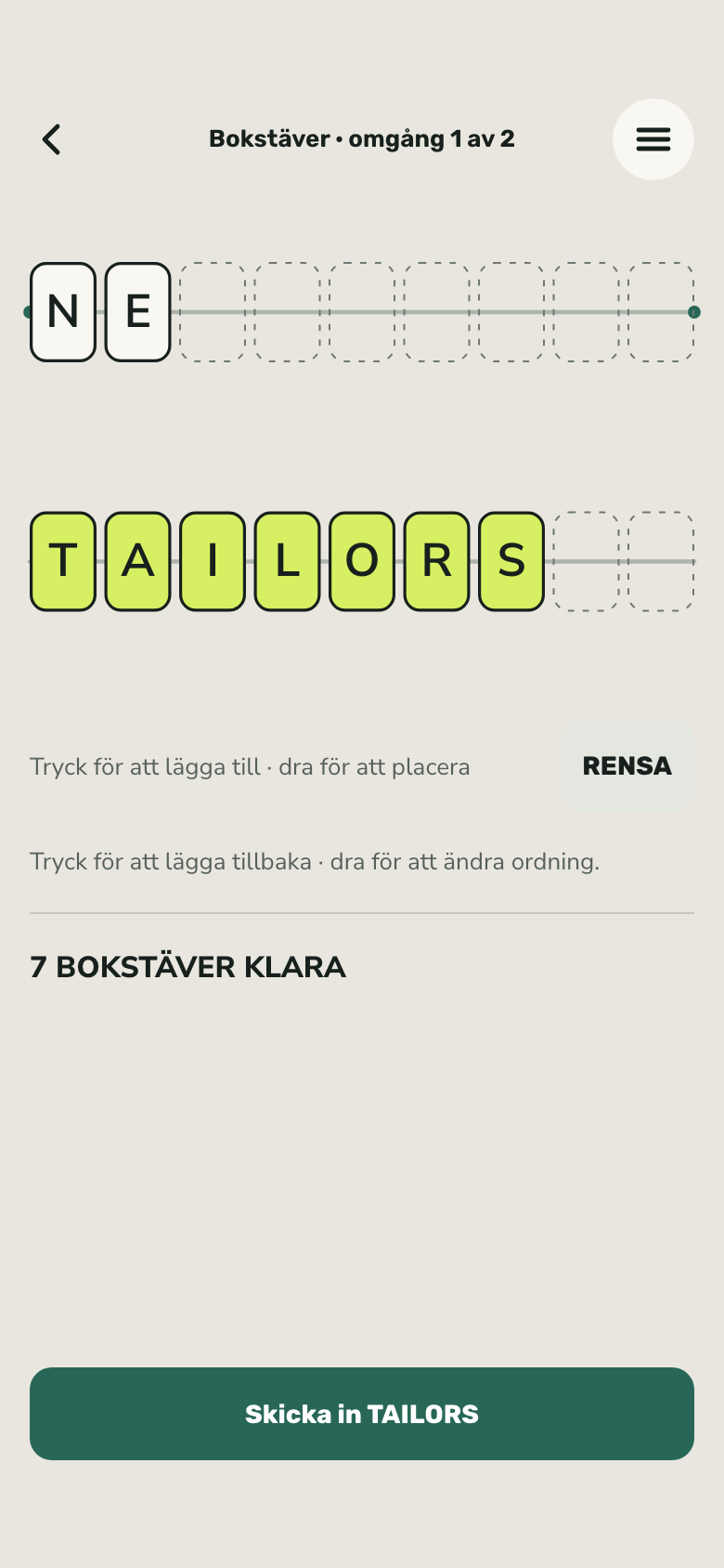 Spelskärm för Nine & Six