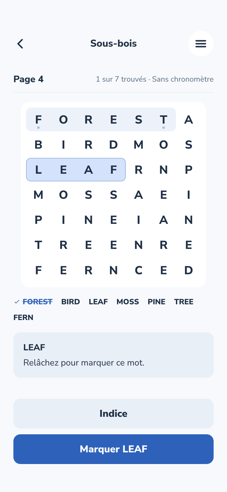 Écran du jeu Word Search