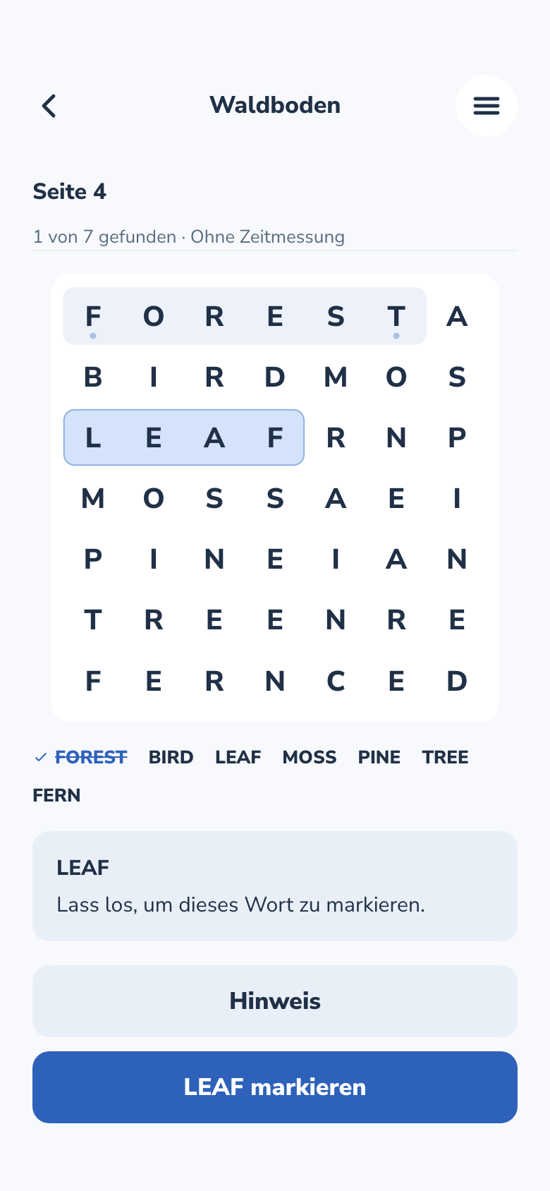 Spielbildschirm von Word Search