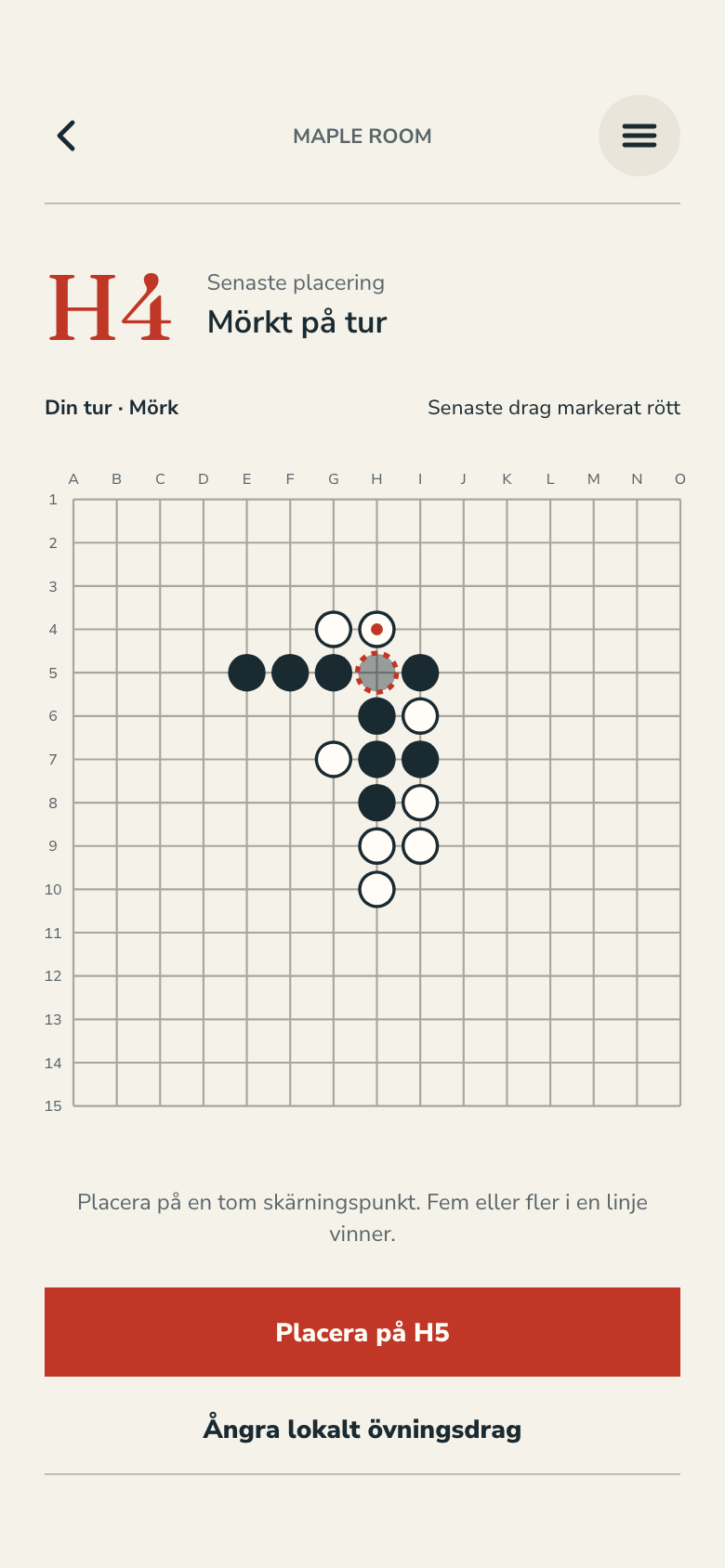 Spelskärm för Gomoku