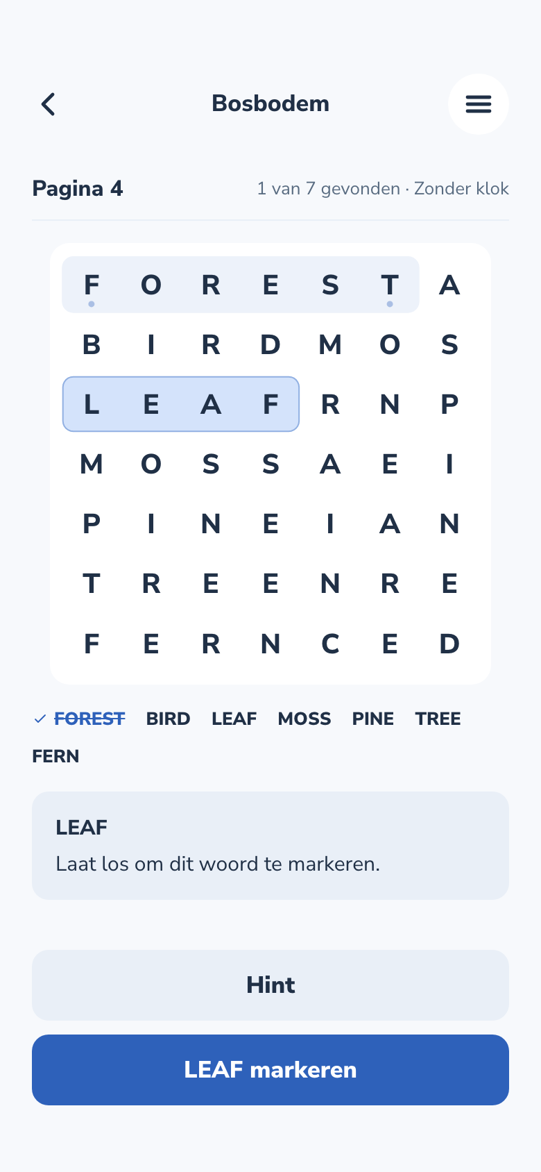 Spelscherm van Word Search