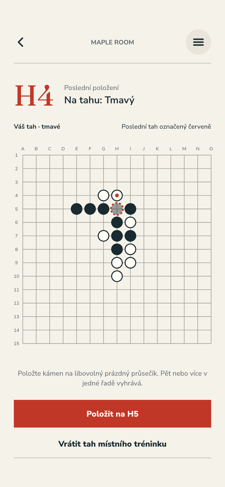 Obrazovka hry Gomoku