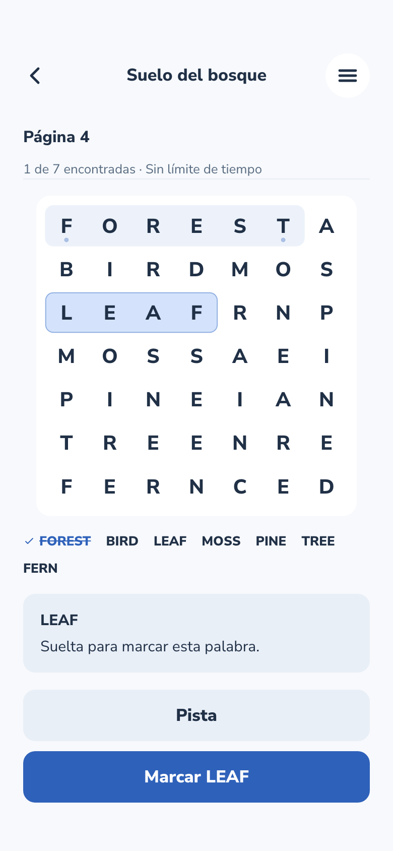 Pantalla del juego Word Search