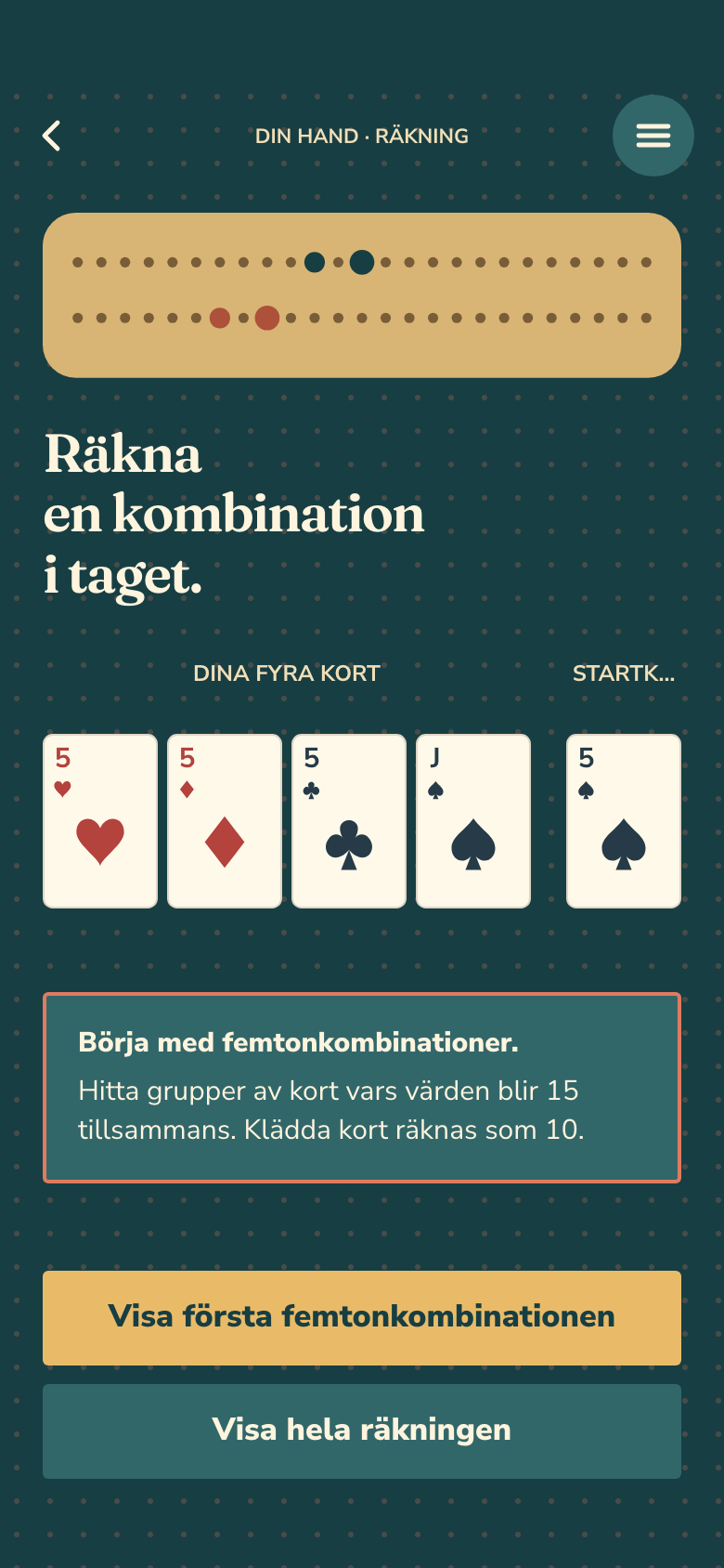 Spelskärm för Pocket Cribbage