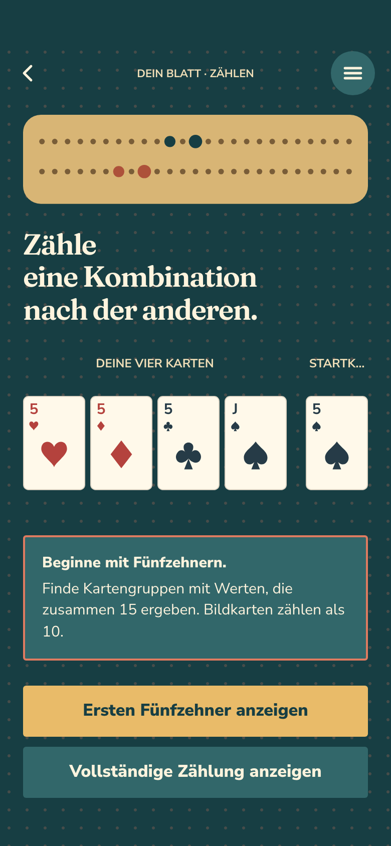 Spielbildschirm von Pocket Cribbage