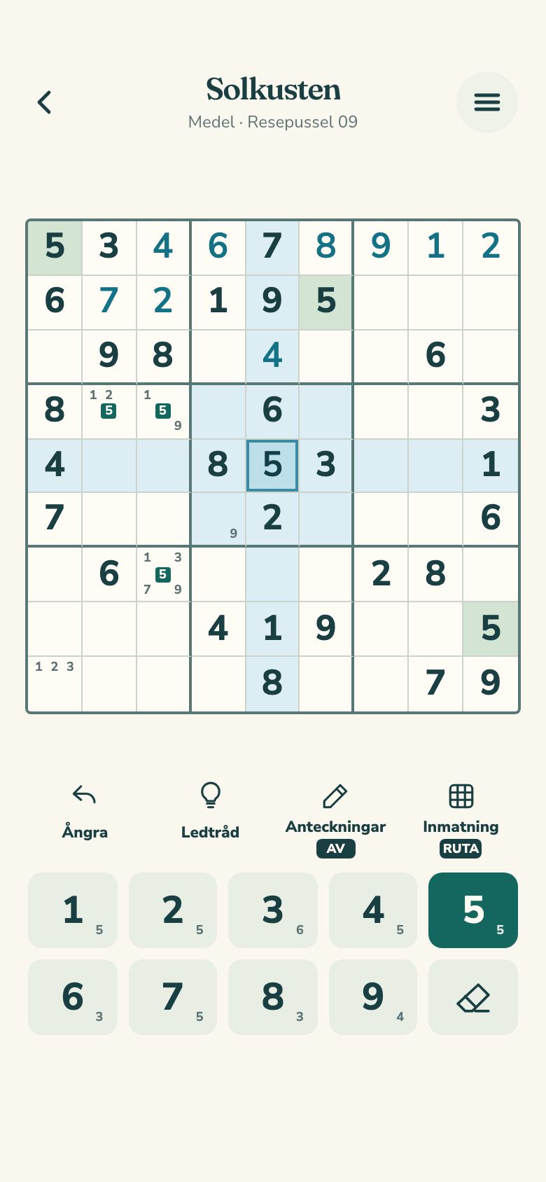 Spelskärm för Daylight Sudoku