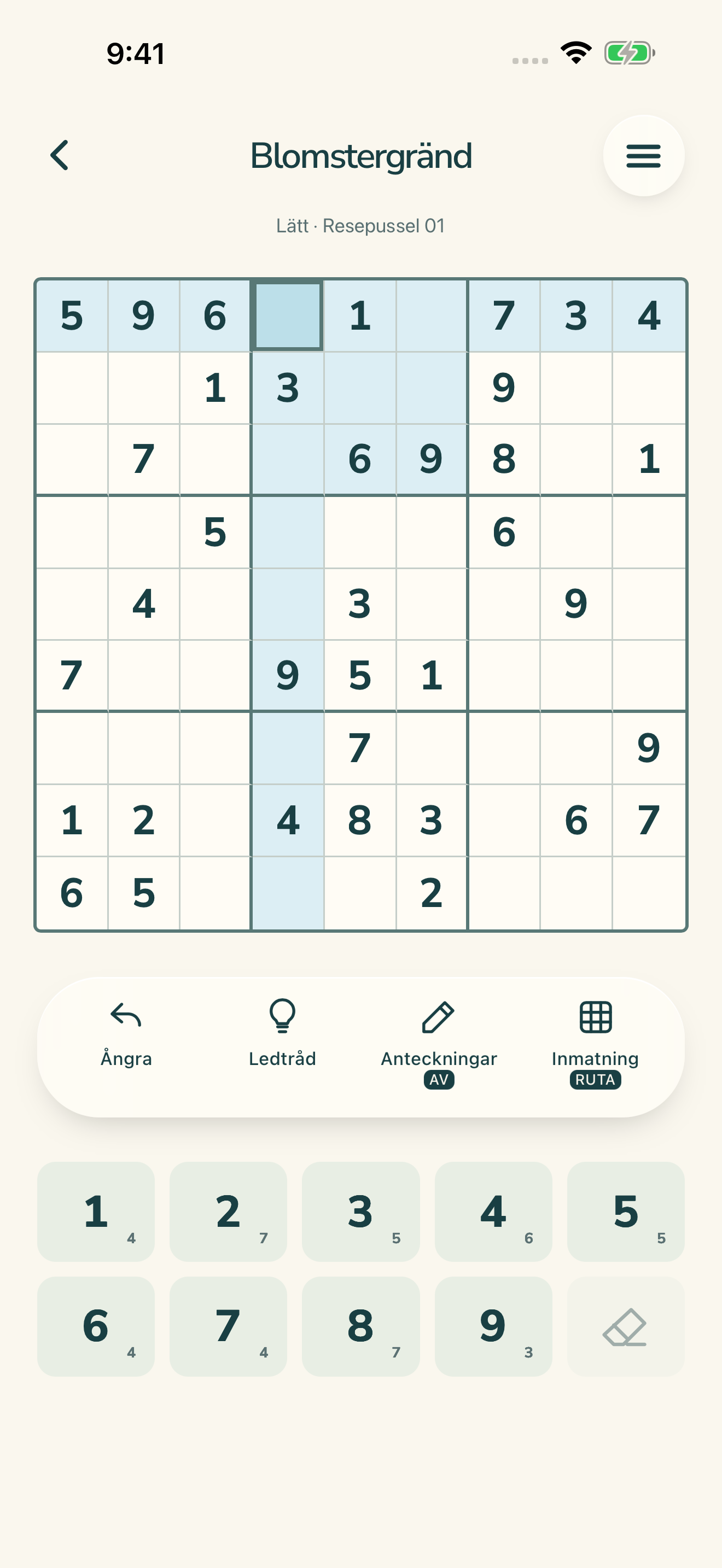 Spelskärm för Daylight Sudoku