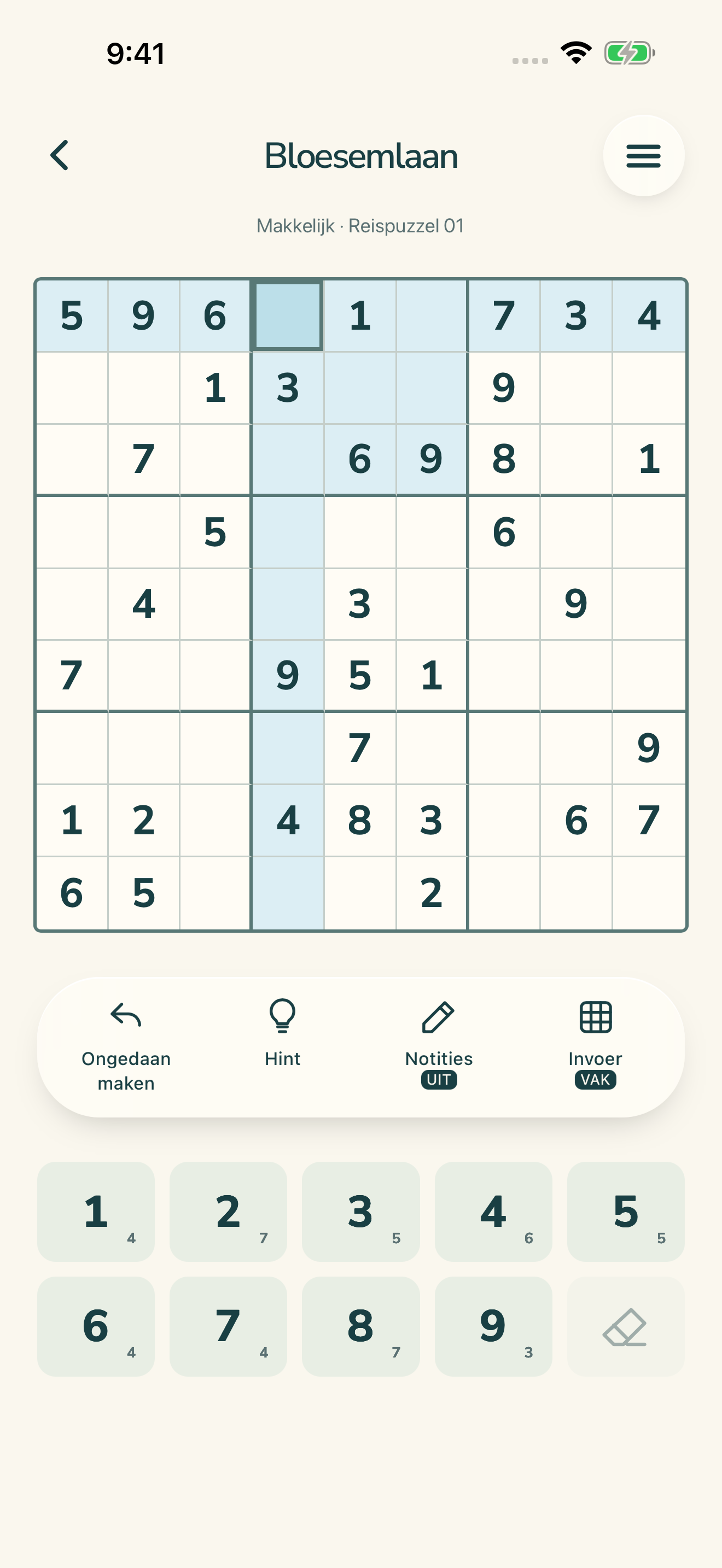 Spelscherm van Daylight Sudoku