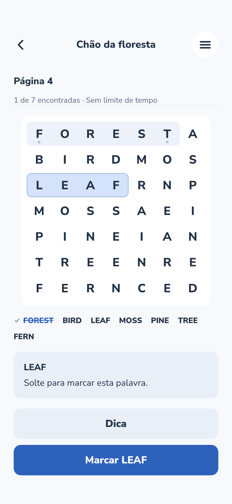 Tela do jogo Word Search