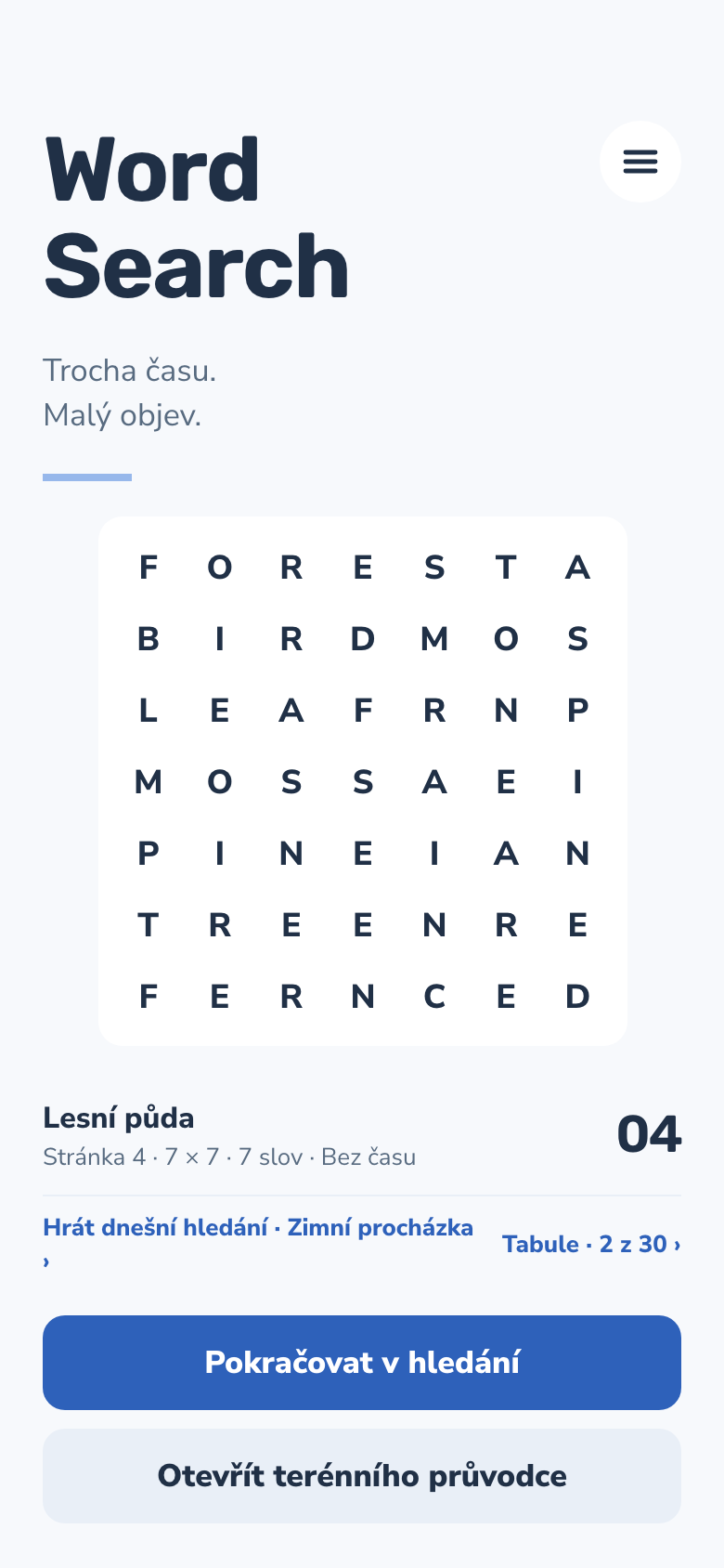 Word Search domovská obrazovka
