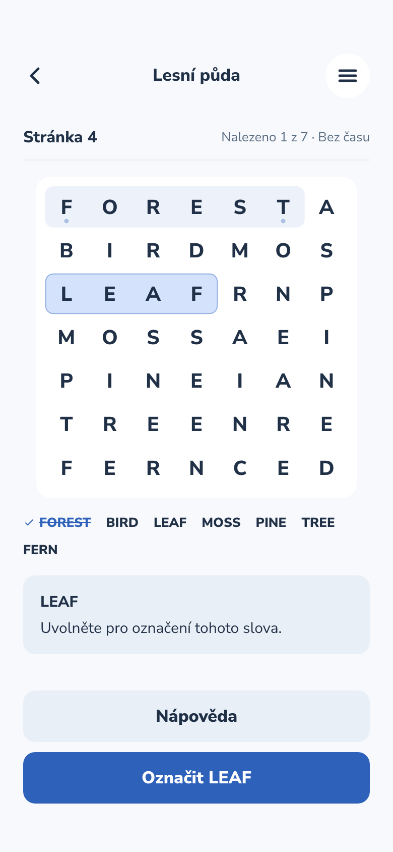 Obrazovka hry Word Search