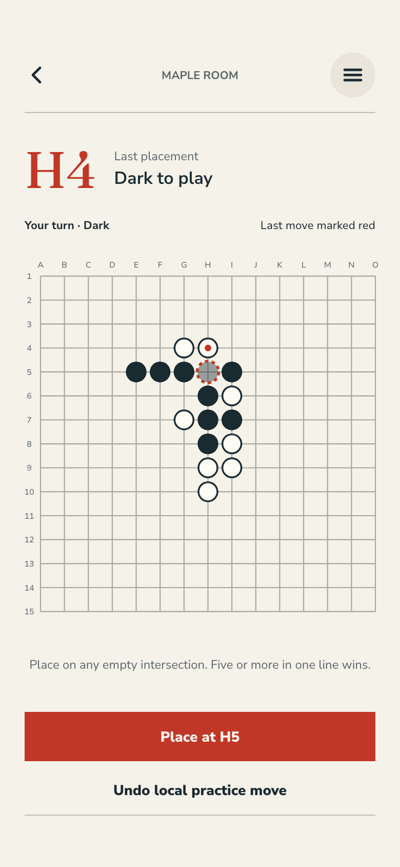 Gomoku game screen